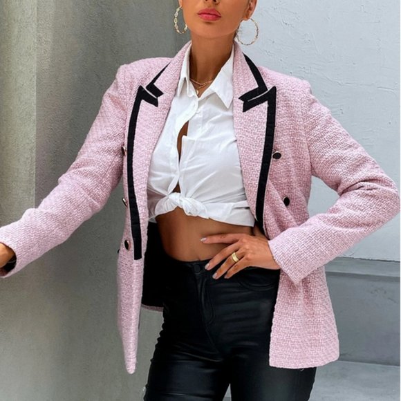 Black trimmed detailed Pink tweed Double Breasted Blazer - Picture 2 of 7